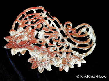 Antique Gold / Bronze Tone Crochet Thread Fabric Applique, Flower Applique - 200317A84